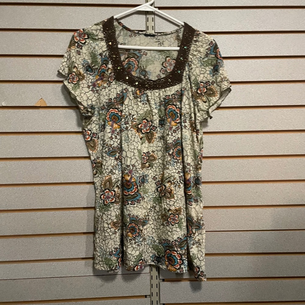 Womens‎ Floral Tunic Top Short Sleeve Beaded Neckline Boho Casual Size XL